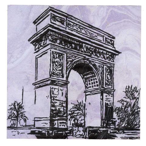 Pen drawing of the Washington Square Park Arch drawn on a purple marble Post-It Note.