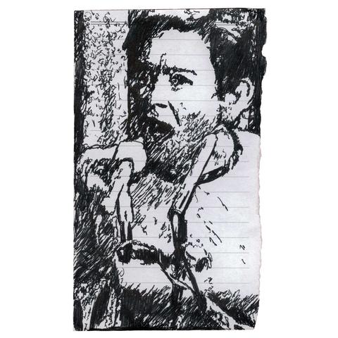 Pen drawing of motivational speaker Florrie Fisher scowling on a torn-out notebook page.