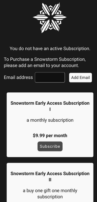 Screenshot aus einem Snowstorm Menü, in dem eine early access subscription für $9.99 pro Monat gekauft werden kann