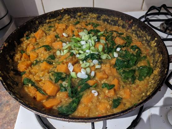 A pan on a stove, full of spinach and sweet potato dhal.