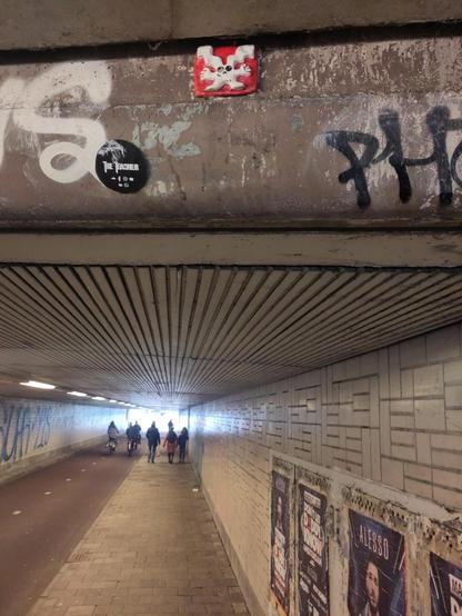 Small red tile with bunbun, the rabbit on it. Bunbun is white, long wavy ears, standing with arms and legs stretched out to the sides, and an unhappy face.

The tile is stuck to the a ledge within the same tunnel (the "Daalsetunnel") as the other tile. Also here the tunnnel can be seen in the lower two-third of the picture, with a grey concrete roof with parallel lines running parallel to the length of the tunnel, and walls with white tiles on both sides. This time several cyclists riding on the bike lane - left side - and pedestrians walking on the sidewalk - right side - can be seen going towards the end of the tunnel.