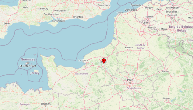 OpenStreetMap Screenshot of Area around Rouen, France with highlight on the city