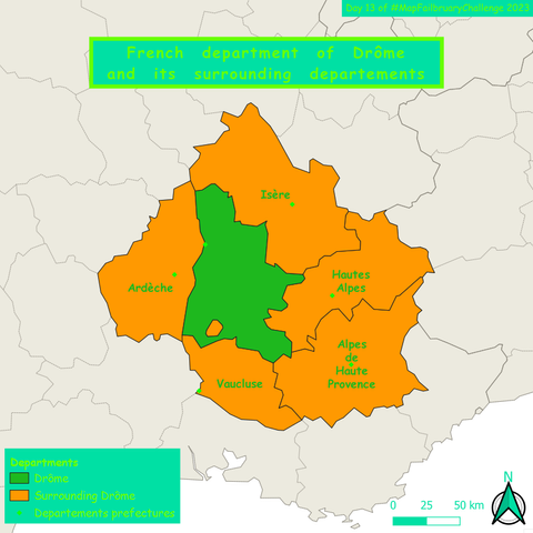 French department of Drôme and its surrounding departements.
Chosen colors are problematic for colorblinds : they can not see difference between either the color of the departments label and the department color, the color of the point for the department prefectures and the department color or the title color and its background color.