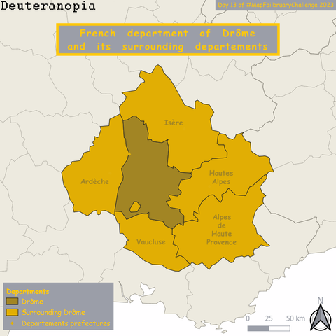 Simulation for Deuteranopia. Department prefectures are not visible.
