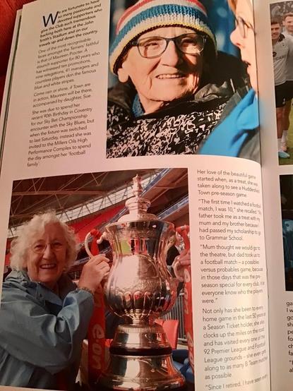 The middle page of the article about my auntie and Huddersfield Town, again full of photos, including her holding a big cup.