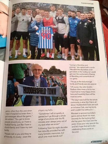 The final page of the article about my auntie, including her holding a HUDDERSFIELD TOWN banner and being presented on her birthday with a number 90 shirt.