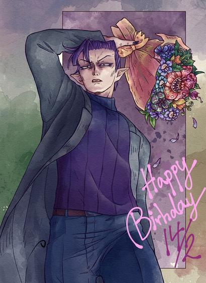 Drawing of a man holding a bouquet of strange flowers.