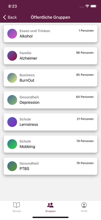Screenshot der Chat-App Likewise. Man sieht eine Liste von öffentlichen Gruppen, u.a. zu den Themen Alkohol, Alzheimer, Burnout, Depression, Mobbing etc.