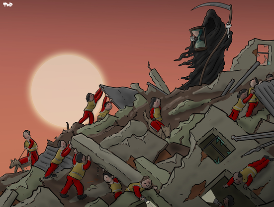 We are watching kids throughout the hundreds of tonnes of rubble and trying to deal with pieces of cement too heavy for them using their bare hands as the death reaper stands at the top of the pile dressed in black and carrying his scythe in one hand and the glass sand timer in then other. One kid has a dog. Time has almost all gone.