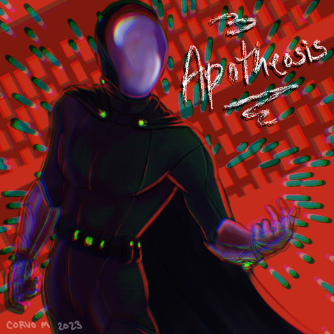 A red and distorted image of a dark-clothed human figure. The figure is wearing a cloak and extending their hand. They have a mirror-like helmet on their head with no facial features visible. The word "APOTHEOSIS" is written in white.
