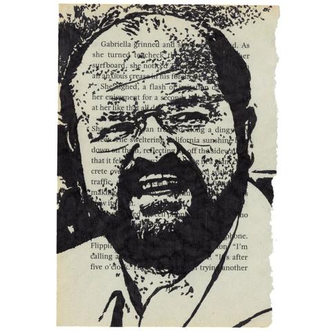 Pen drawing of Dom DeLuise wearing a doctor’s uniform drawn on a torn-out book page.