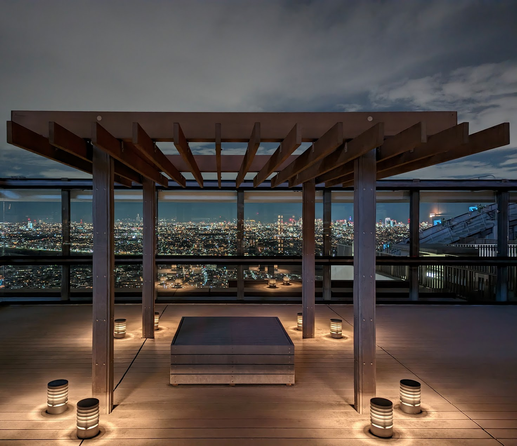 A rooftop pagoda at night with a view of Tokyo in the background.