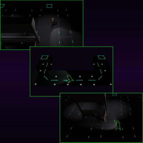 Three captures of a stealth game with an emphasis on shadows.