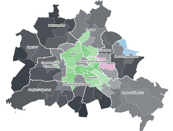 Karte von Berlin mit dem Wahlergebnis com Wochenende