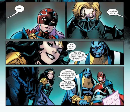Twins Brian and Betsy Braddock are nominated by •--|A|--• and Morgan Le Fay  to fight to the death.