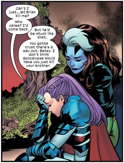 Rogue comforts Captain Britain before she is forced to fight against her twin brother.