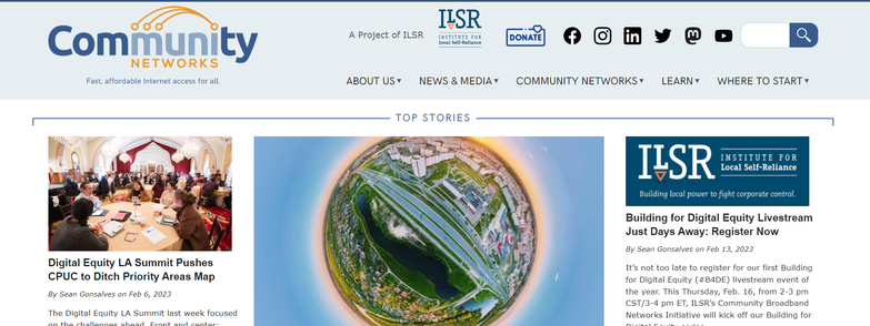 Front page of new Community Broadband Networks website, displaying various above-the-fold stories