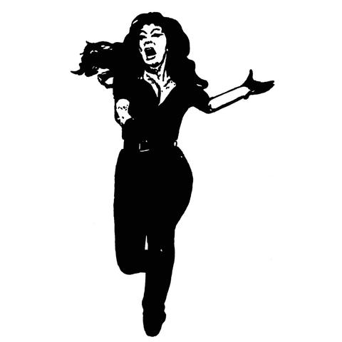 Pen drawing of Tura Satana running with a pained expression on her face drawn on a white background.