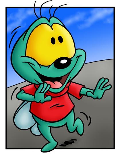 Green cartoon fly wearing a red t-shirt.