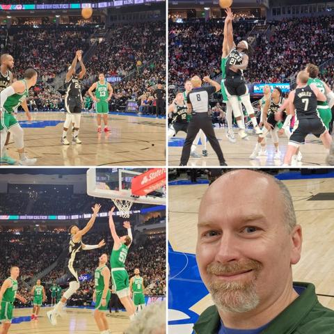 A collage of pics from the Milwaukee Bucks game against the Boston Celtics. Multiple shots of basketball players in game action, plus an obligatory post-game selfie from Andy as he was lucky enough to go on the court.