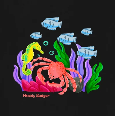 Image of a crab, seahorse and fish swimming in front of seaweed. The background is black.