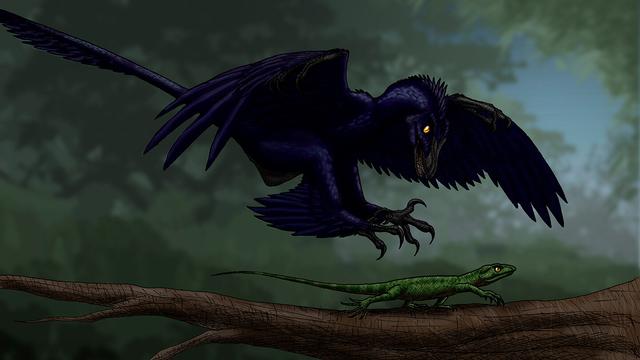 Microraptor hunting a lizard