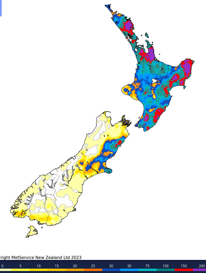 Cumulative rainfall last 7 days. New Zealand. Several areas of maximum scale 200mm or more.