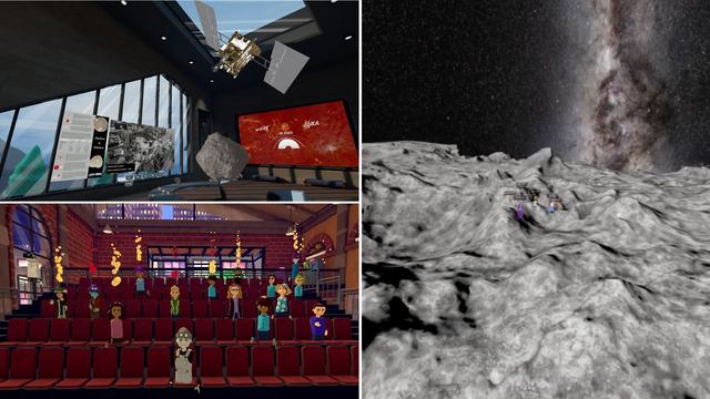 Three images from virtual reality social platforms. Top image shows a virtual museum with 3D models of the Hayabusa2 spacecraft and asteroid Ryugu, as well as posters. This was used as a networking session at an academic online conference. Below is a scene from the audience at one of our virtual talks in AltspaceVR. The image shows a series of avatars with emojis above their head (either hearts or clapping hands). On the right is a virtual scene made using Mozilla Hubs that lets you stand on an the surface of an asteroid!