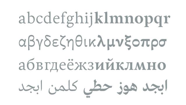 Four type families: Colvert Arabic, Colvert Cyrillic, Colvert Greek and Colvert Latin.