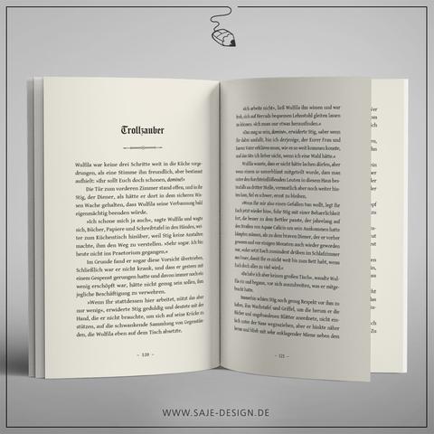 Eine Innenansicht des Buchsatzes. Links beginnt eine neue Geschichte mit dem Titel in Frakturschrift, darunter eine schmale Trenngrafik zum dann beginnenden Text.