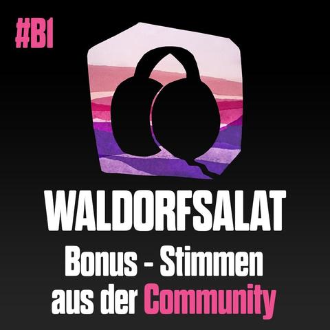 Logo von Waldorfsalat - ein schwarzer Kopfhörer auf einem vieleckigen Fensterbild aus lilafarbenen Streifen. Darunter auf schwarzem Hintergrund die Schrift: "Waldorfsalat Bonus - Stimmen aus der Community" in weiß und pink.