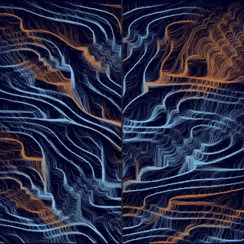 Pair of images showing abstract landscapes algorithmically generated using code
