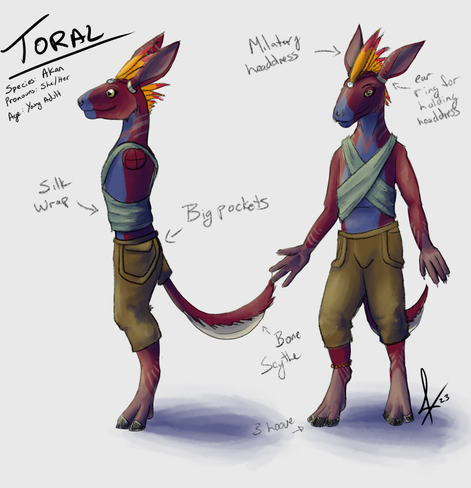 Drawing of an anthropomorphic rabbit-like alien with dark red and blue fur. Text describes notes about her design. Name: Toral, Species: Akan, Pronouns: she/her, Age: Young adult.