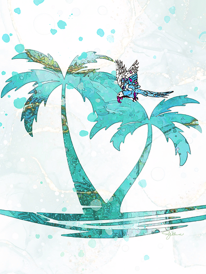 Colorful abstract art of palm trees on island with parrot flying by in teal and mint colors