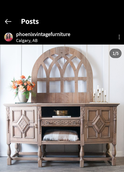 Screen shot of phoenixvitagefurniture page on instagram.com, showing a recently posted re-finished Jacobean buffet.