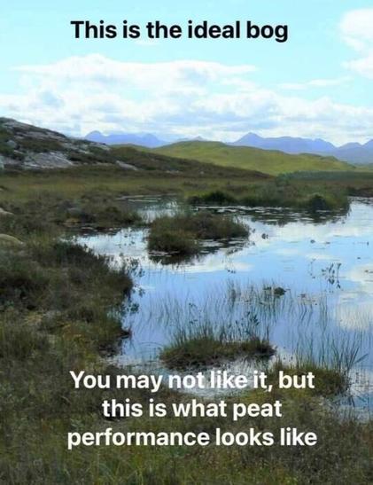 A picture of a bog, with shallow water and plants in the foreground, rising to mountains in the distance. At the top is written "This is the ideal bog", and at the bottom is "You may not like it, but this is what peat performance looks like."