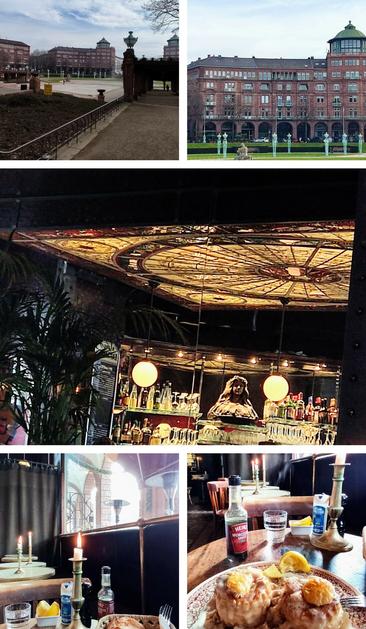 Bitte Andere Dir diese Bildcollage aus fünf Bildern vom Friedrichplatz in Mannheim mit dem Cafè Flo zu beschreiben.