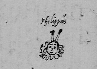 Doodle eines Kopfes mit Narrenkappe, darüber der Name Philippus