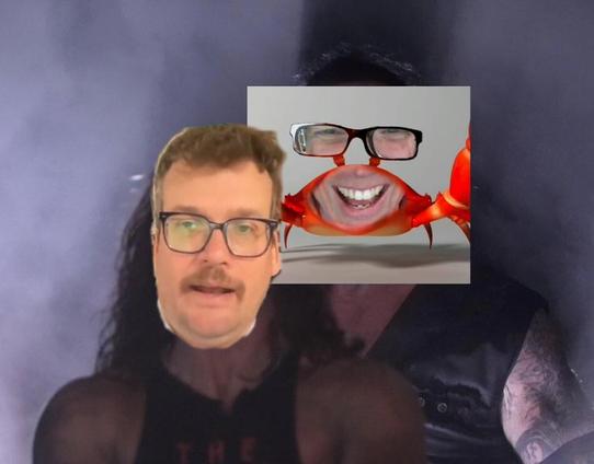 "standing behind smiling guy" meme but it's crab Hank Green behind unsuspecting John Green