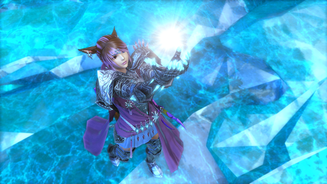 Joan dressed in her paladin armor on a field of blue crystals, holding her hands up and releasing into the air a large mote of Light aether.