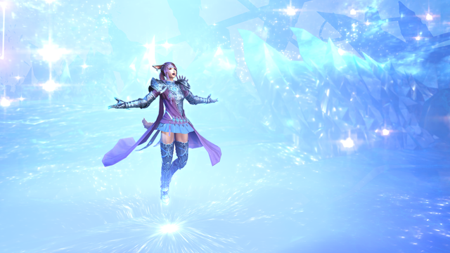 Joan dressed in her paladin armor on a field of blue crystals, hovering over the ground with her arms out at her sides and her face in frozen in the middle of a war scream.