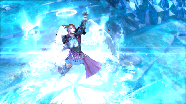 Joan dressed in her paladin armor on a field of blue crystals, holding her left arm up high. Aetheric angel wings have manifested at her back, and an aetheric halo has manifested over her head.