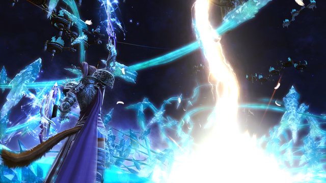 Joan dressed in her paladin armor on a field of blue crystals, holding her sword up high and her shield behind her as she summons a bolt of lightning ahead of her to vanquish her foes.