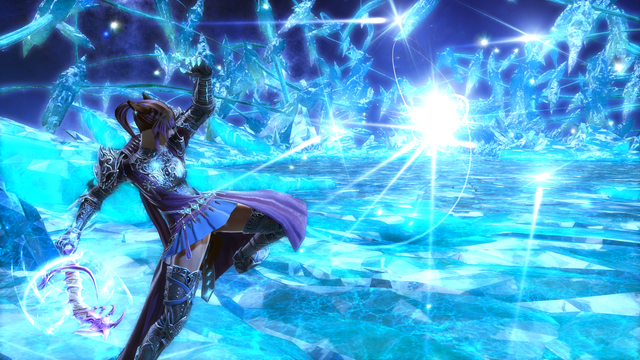 Joan dressed in her paladin armor on a field of blue crystals, caught mid-jump after having just thrown her shield, enveloped and empowered by Light, at her enemy.
