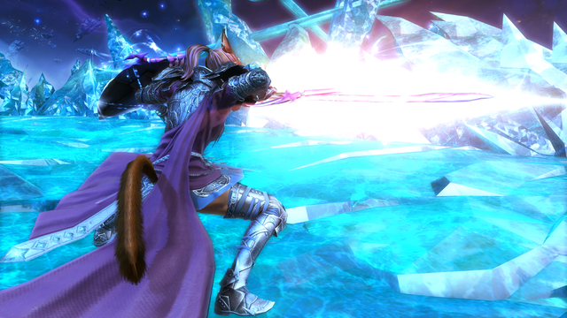 Joan dressed in her paladin armor on a field of blue crystals, performing a backwards sword jab after a stylish set of sword movements.
