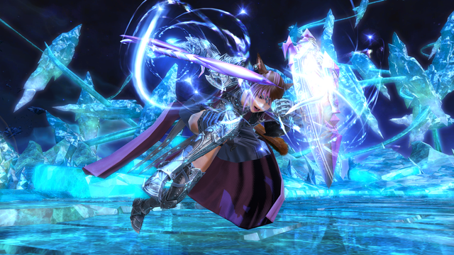 Joan dressed in her paladin armor on a field of blue crystals, rushing her enemy with all of her strength, her head protected by her Light-empowered shield.