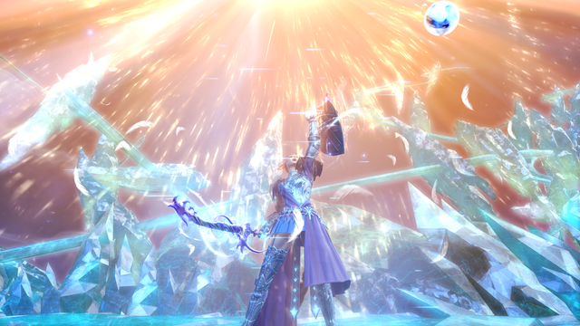 Joan dressed in her paladin armor on a field of blue crystals, her left arm raised high as she summons the Light itself down from the heavens.