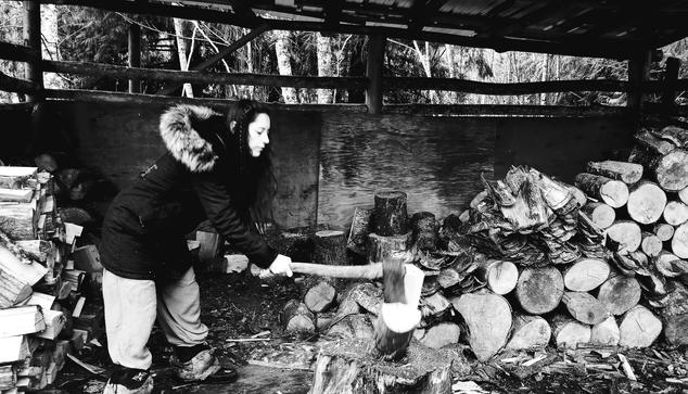 Pazifica, chopping wood.