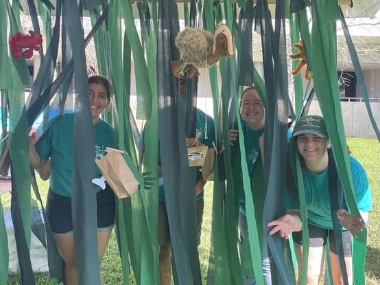 Four people wearing green shirts posing (camouflaged?) in a seagrass “maze” made of green fabric with many marine stuffed animals living in the maze