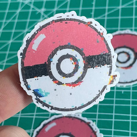 A classic red pokéball but with visual glitches covering and distorting it